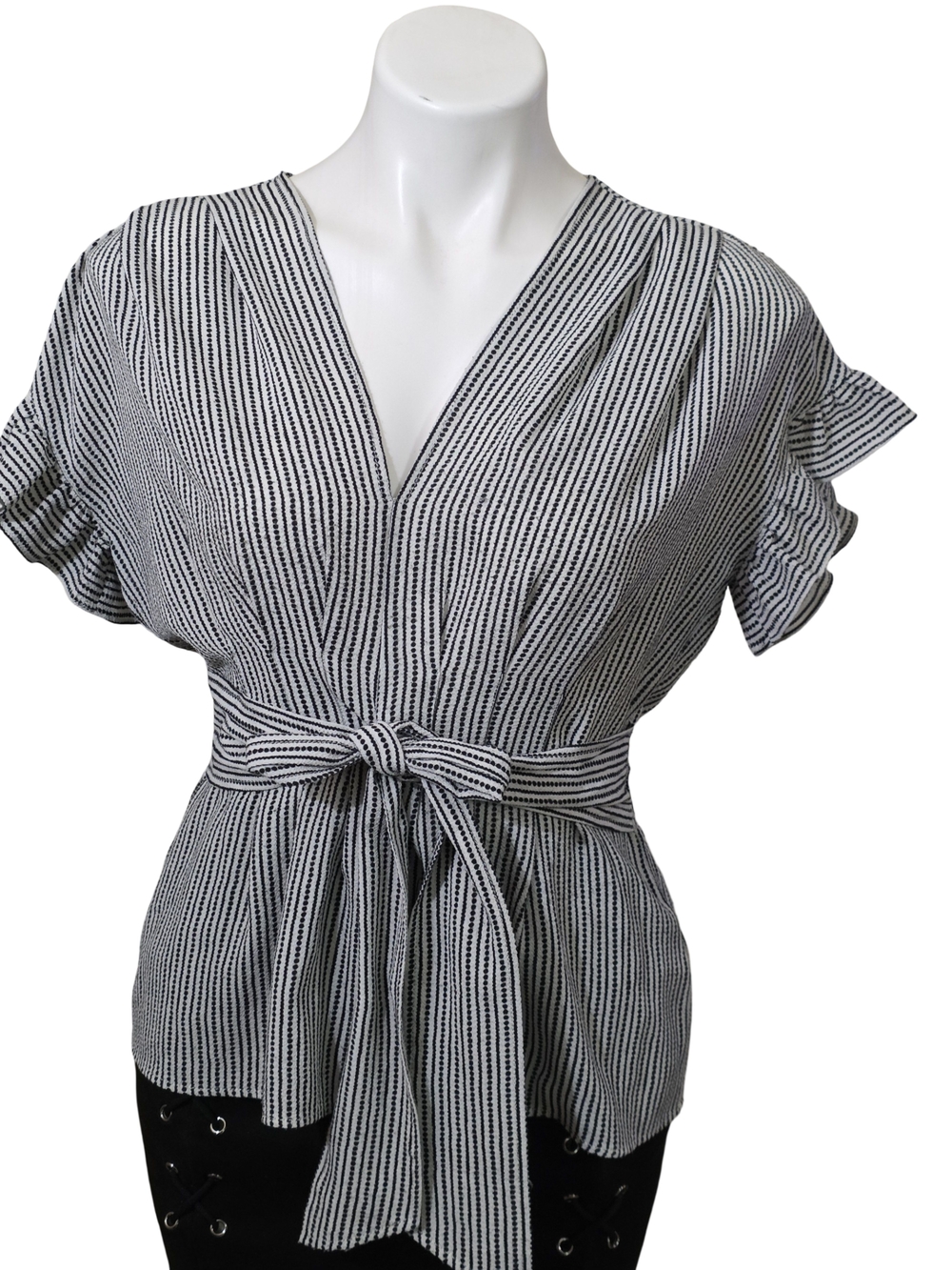 Max Studio Black and White Striped V-Neck Tie-Waist Blouse